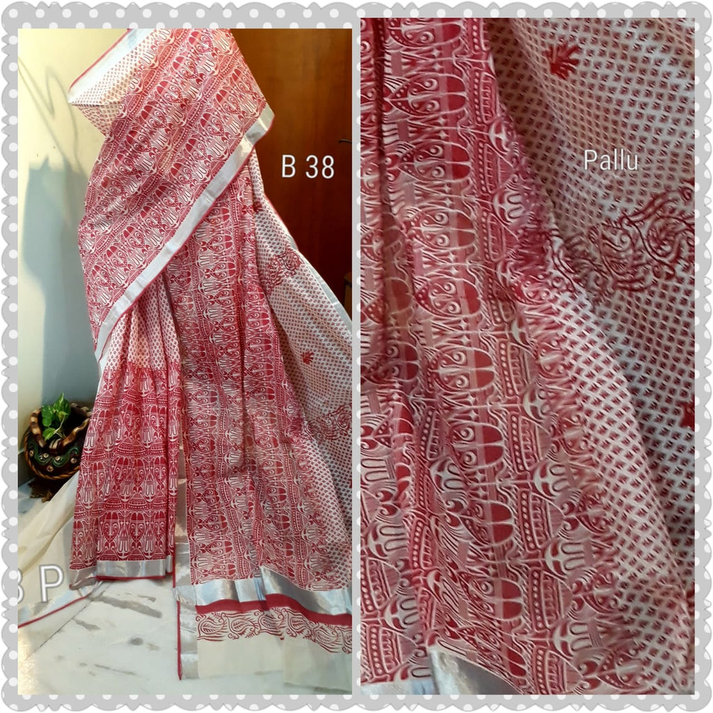 Pink White KK Kerala Pure Cotton Sarees