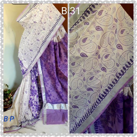 White Violet KK Kerala Pure Cotton Sarees - Dailybuyys