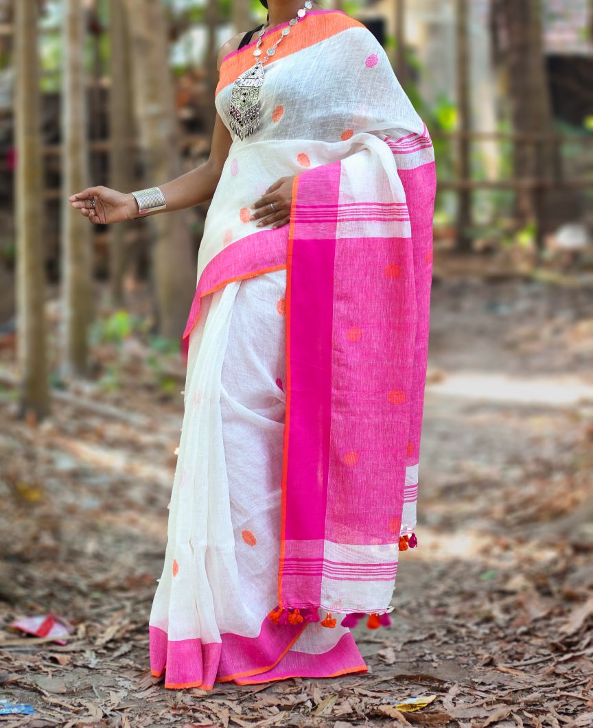 White Pink S.G Pure Linen Sarees