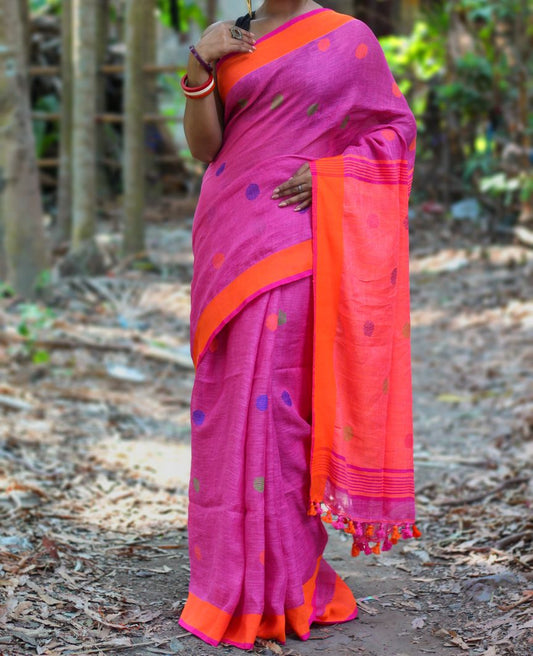 Pink Orange S.G Pure Linen Sarees - Dailybuyys