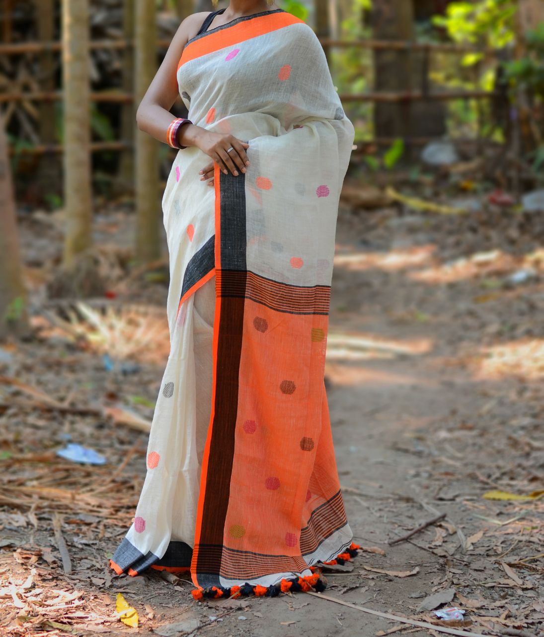 White Orange S.G Pure Linen Sarees