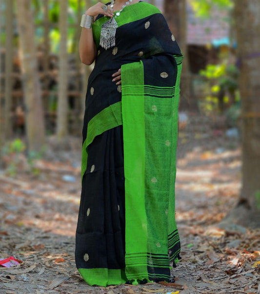 Black Green  S.G Pure Linen Sarees - Dailybuyys