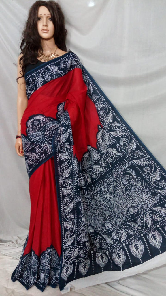 Red Blue S.G Pure Cotton Handloom Sarees