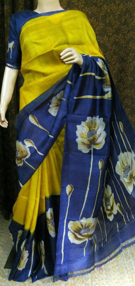 Yellow Blue Pure KK Silk Mark Certified Bishnupuri Silk Sarees - Dailybuyys