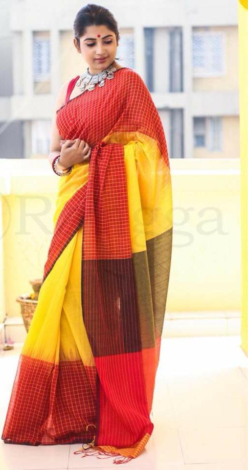 Red Yellow Ikkat Sarees - Dailybuyys