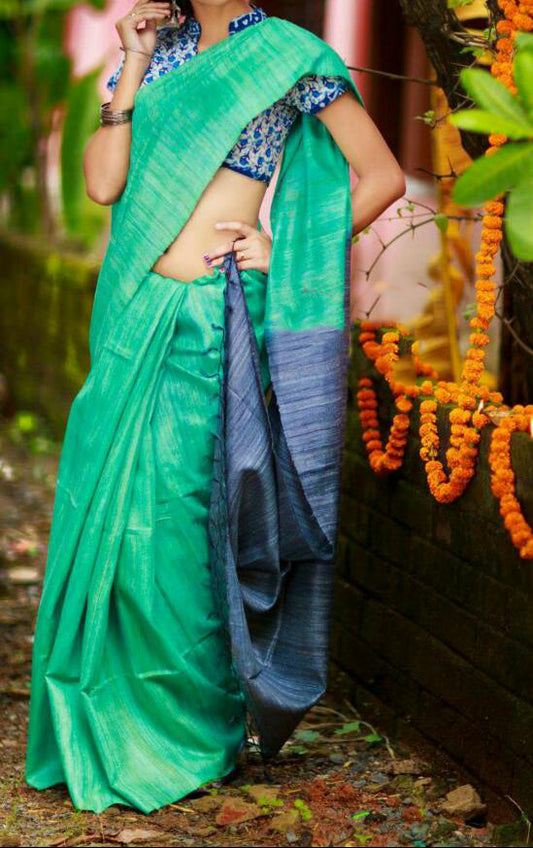 Green Pure Silk Mark Certified Tussar Silk Sarees - Dailybuyys