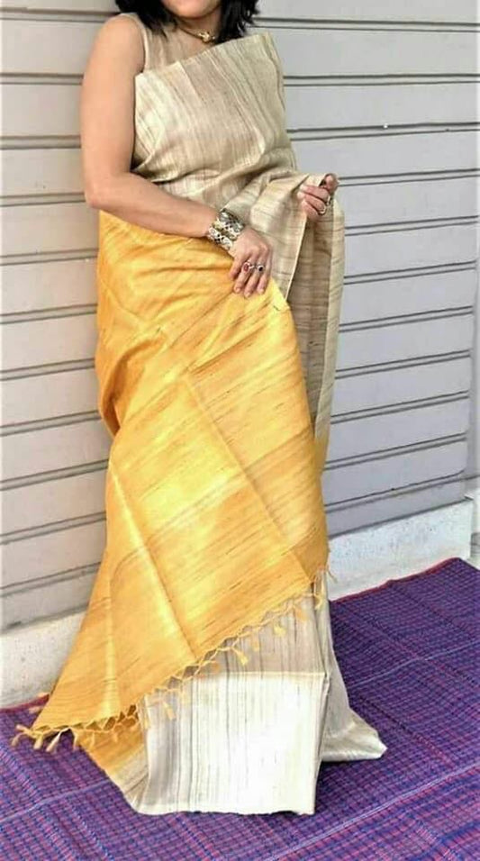 Beige Yellow Block Printed Pure Ghicha  Silk Mark Certified Tussar Silk Sarees - Dailybuyys