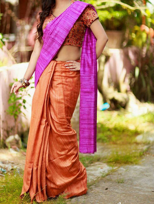 Orange Violet Pure Silk Mark Certified Tussar Silk Sarees - Dailybuyys