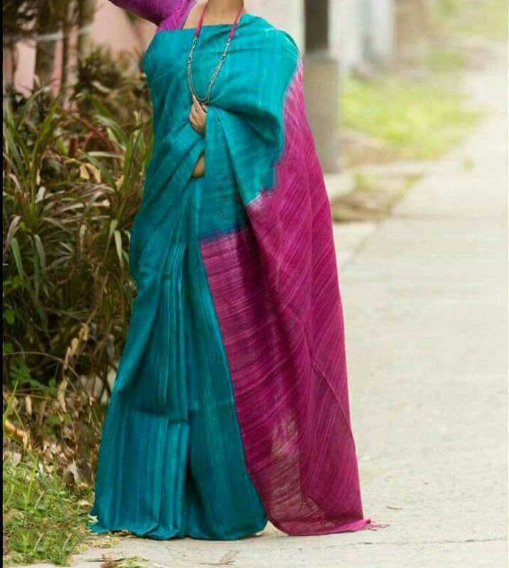 Blue Pink Pure Silk Mark Certified Tussar Silk Sarees - Dailybuyys