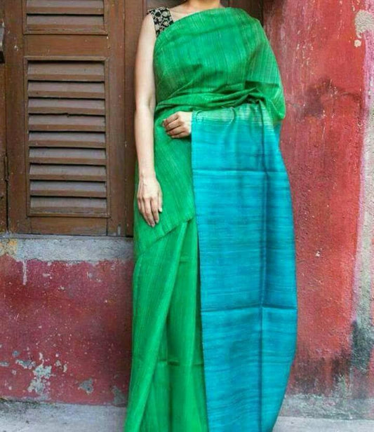 Green Pure Silk Mark Certified Tussar Silk Sarees - Dailybuyys