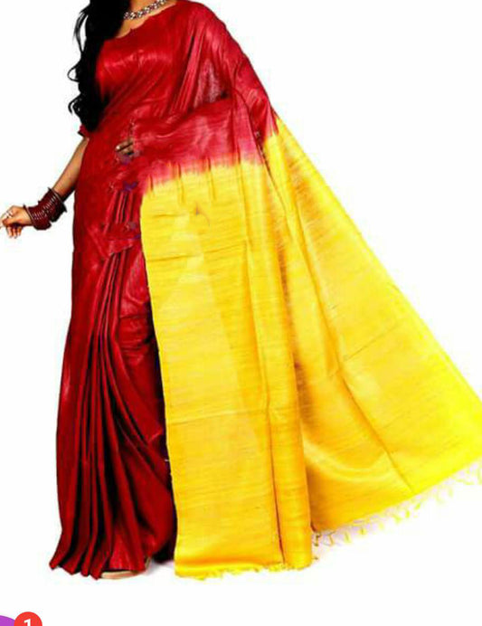 Red Yellow Pure Silk Mark Certified Tussar Silk Sarees - Dailybuyys