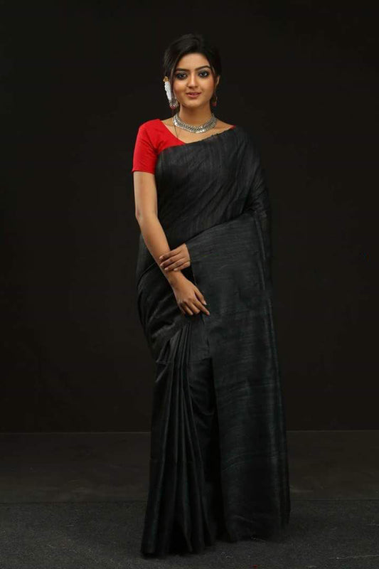 Black Block Printed  Pure Silk Mark Certified Tussar Silk Sarees - Dailybuyys