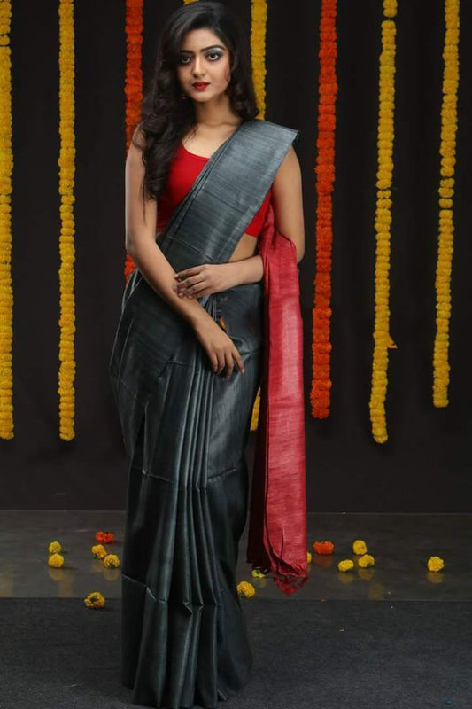 Grey Pure Silk Mark Certified Tussar Silk Sarees - Dailybuyys