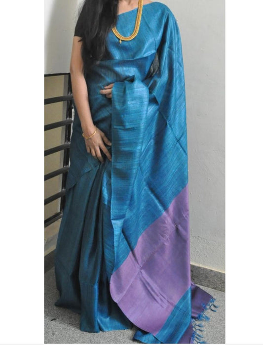 Blue Pure Silk Mark Certified Tussar Silk Sarees - Dailybuyys