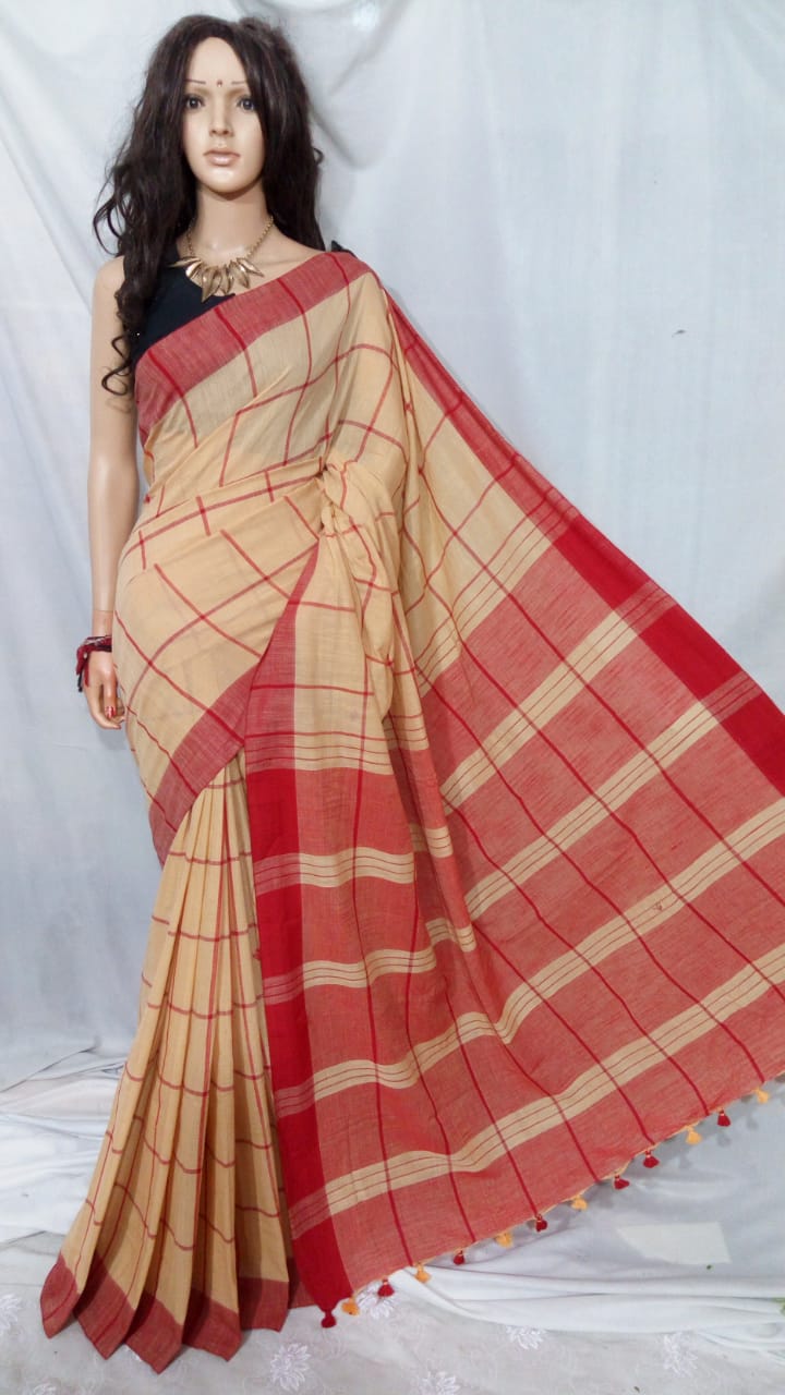 Beige Red S.G Khadi Sarees - Dailybuyys