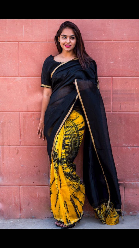 Yellow Black Mulmul Batik Sarees - Dailybuyys