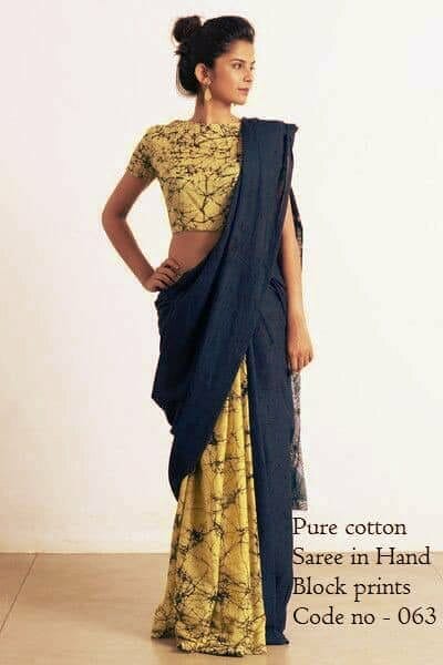 Yellow Blue Mulmul Batik Sarees - Dailybuyys