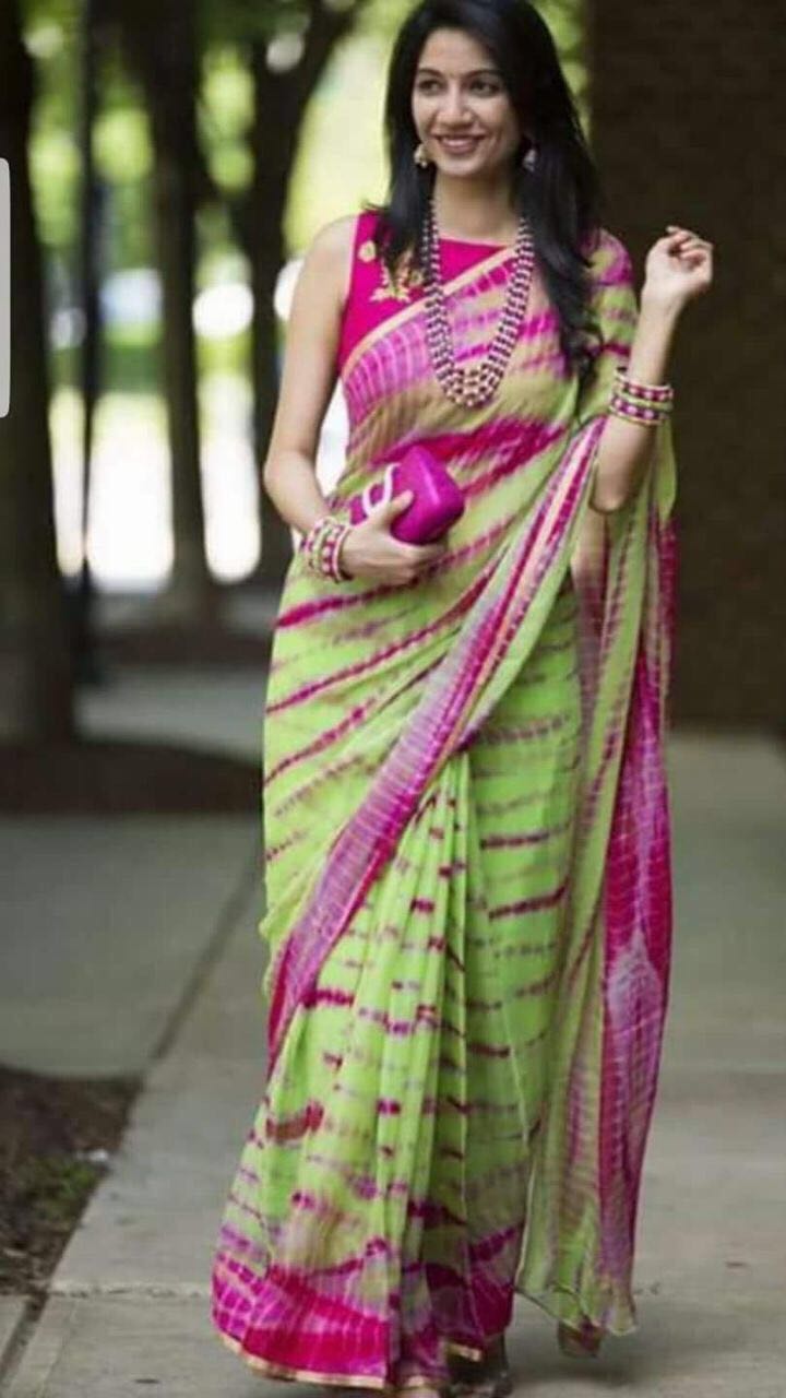 Green Pink Mulmul Batik Sarees - Dailybuyys