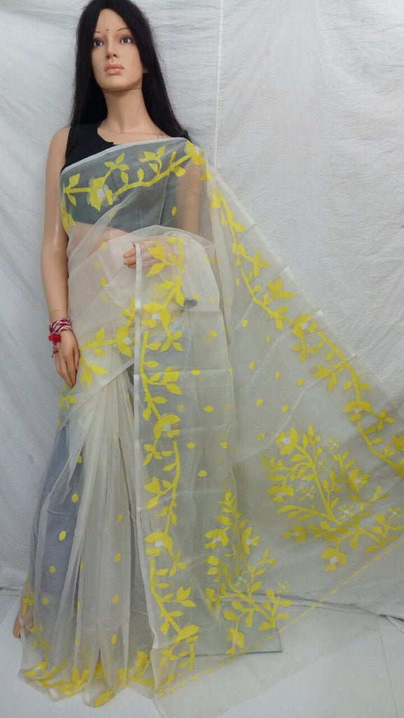 White & Yellow Pure Silk Mark Certified Muslin Sarees Get Extra 10% Discount on All Prepaid Transaction