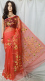 Red Pure Silk Mark Certified Muslin Sarees Get Extra 10% Discount on All Prepaid Transaction