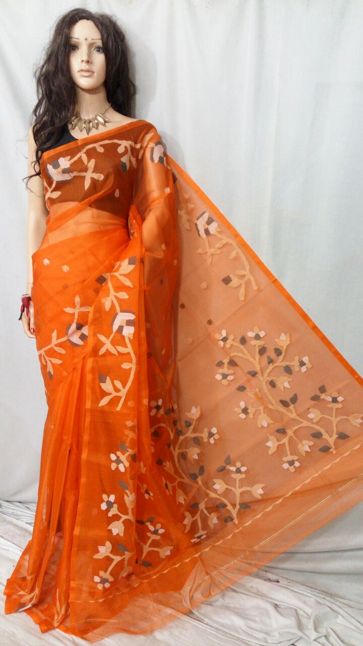 Orange Pure Silk Mark Certified Muslin Sarees - Dailybuyys