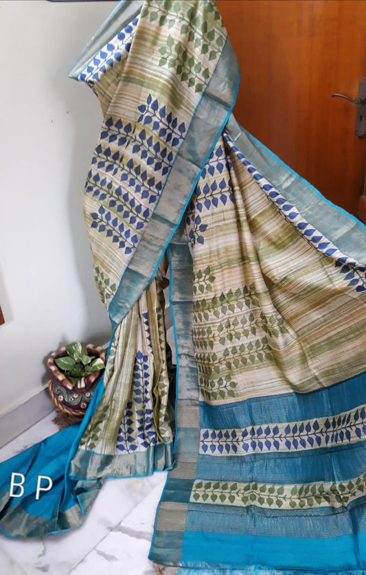 Beige Block Printed Zari Border Pure Silk Mark Certified Tussar Silk Sarees - Dailybuyys