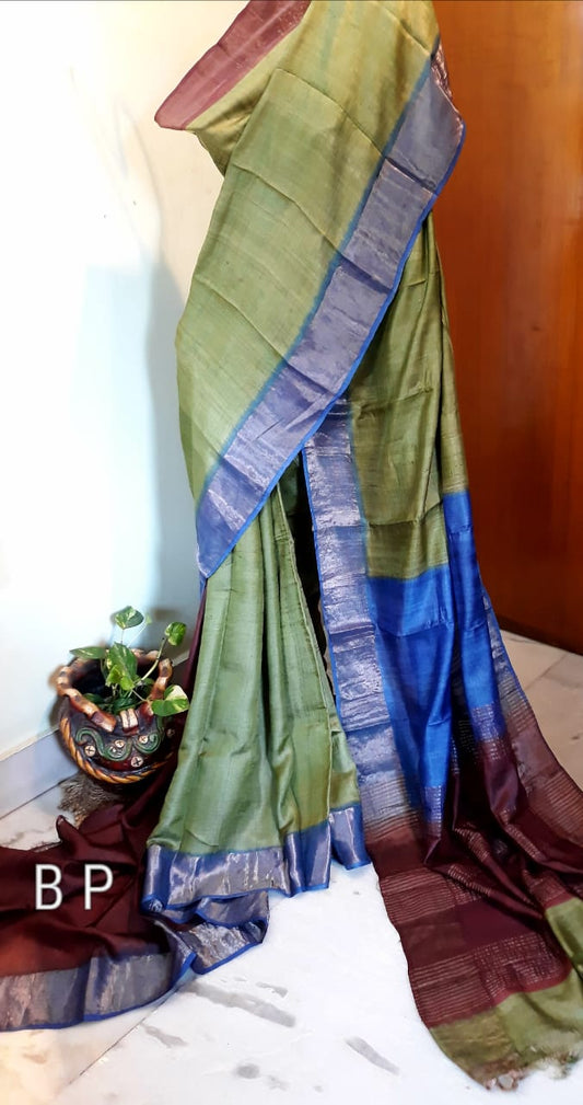 Green KK  Block Printed Zari Border Pure Silk Mark Certified Tussar Silk Sarees - Dailybuyys