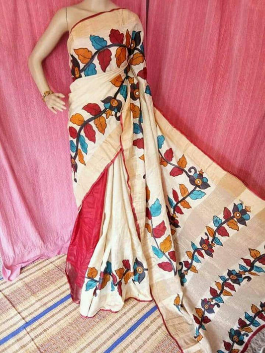 Beige Red Hand Painted  Zari Border Pure Silk Mark Certified Tussar Silk Sarees - Dailybuyys