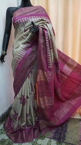 Violet Beige KK Block Printed  Zari Border Pure Silk Mark Certified Tussar Silk Sarees - Dailybuyys