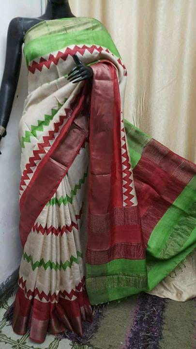 White Red KK Block Printed  Zari Border Pure Silk Mark Certified Tussar Silk Sarees - Dailybuyys