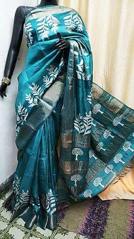 Blue Block Printed  Zari Border Pure Silk Mark Certified Tussar Silk Sarees - Dailybuyys