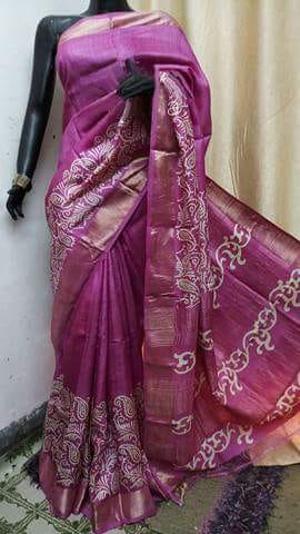 Violet KK  Block Printed Zari Border Pure Silk Mark Certified Tussar Silk Sarees - Dailybuyys