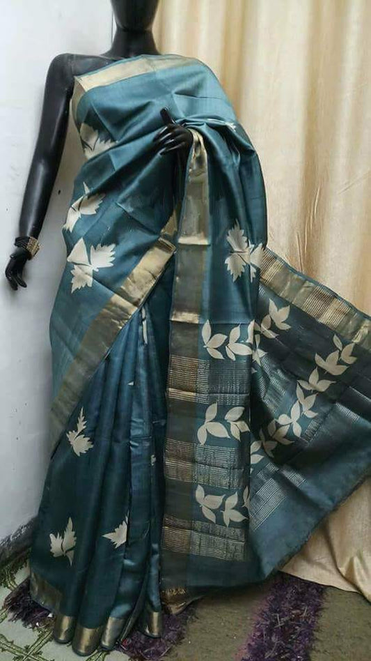 Blue Grey KK Block Printed  Zari Border Pure Silk Mark Certified Tussar Silk Sarees - Dailybuyys