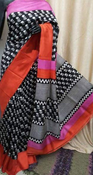 Black Orange Pure KK Block Printed  Silk Mark Certified Bishnupuri Silk Sarees - Dailybuyys