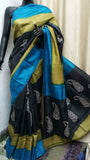 Black Blue Block Printed Pure Silk Mark Certified Bishnupuri Silk Sarees