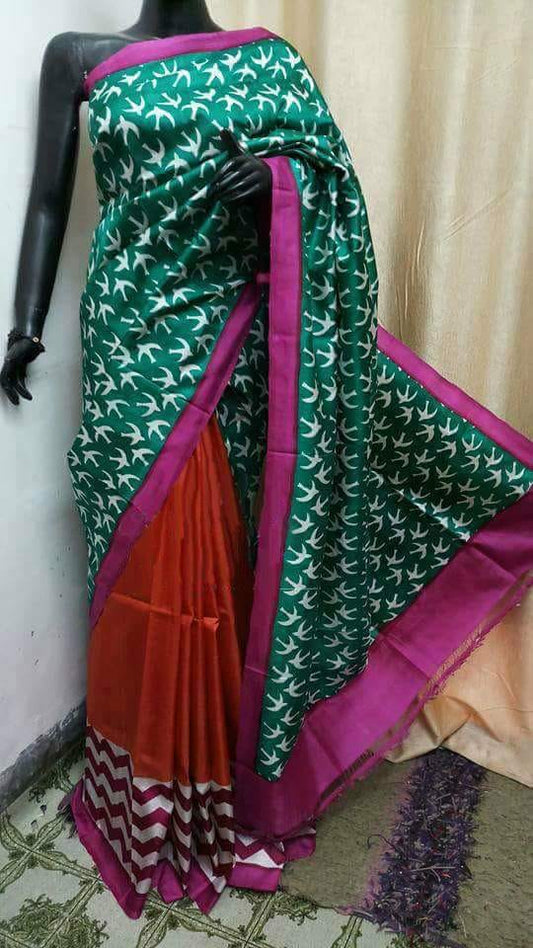 Green Red Pure KK Block Printed Silk Mark Certified Bishnupuri Silk Sarees - Dailybuyys
