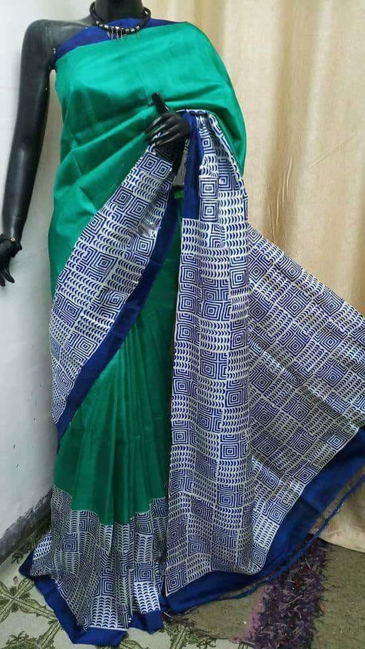 Green Block Printed Pure Silk Mark Certified Bishnupuri Silk Sarees - Dailybuyys