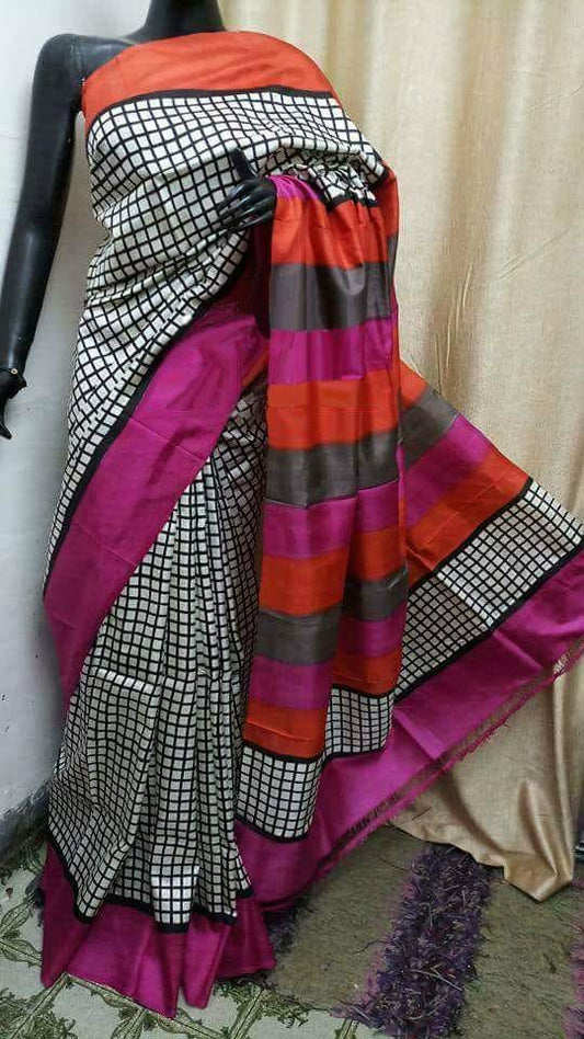 Grey Violet Pure KK Block Printed Silk Mark Certified Bishnupuri Silk Sarees - Dailybuyys