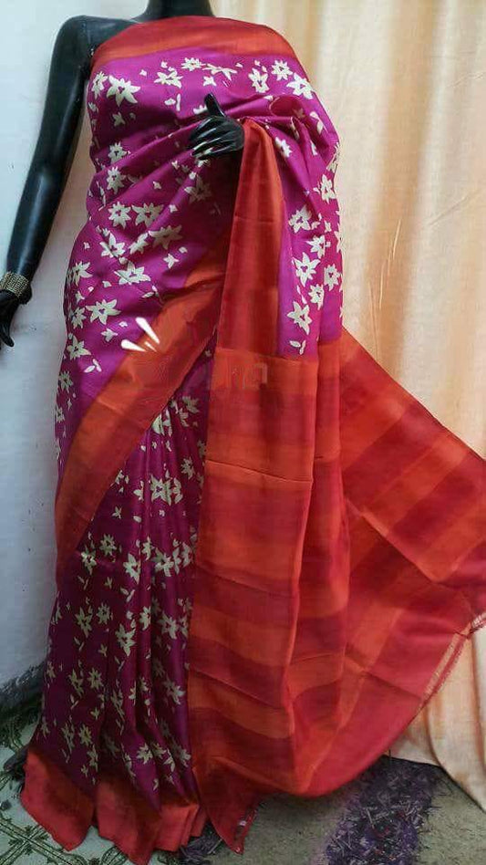 Violet Red Pure KK Block Printed  Silk Mark Certified Bishnupuri Silk Sarees - Dailybuyys