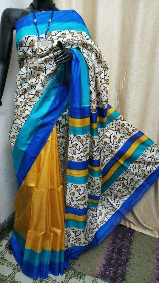 Blue Yellow Pure KK Hand Painted Silk Mark Certified Bishnupuri Silk Sarees - Dailybuyys