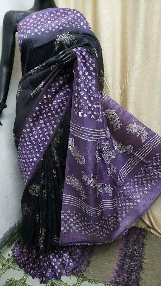 Purple Black Pure KK Block Printed Silk Mark Certified Bishnupuri Silk Sarees