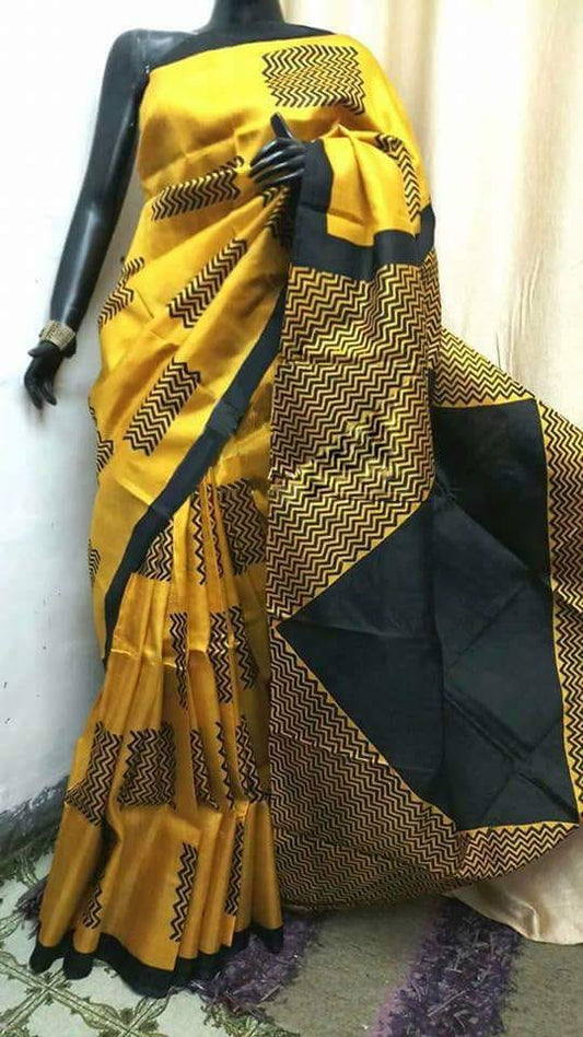 Yellow Pure KK Block Printed Silk Mark Certified Bishnupuri Silk Sarees - Dailybuyys