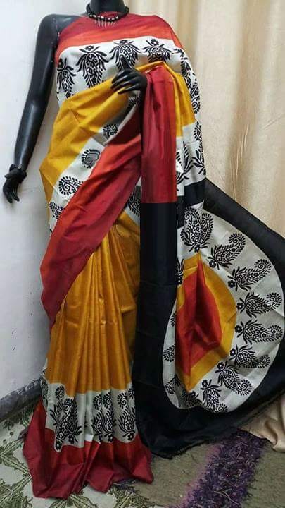 Yellow Red Pure KK Block Printed Silk Mark Certified Bishnupuri Silk Sarees - Dailybuyys