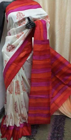 White Red Pure KK Block Printed Silk Mark Certified Bishnupuri Silk Sarees - Dailybuyys
