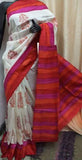 White Red Pure KK Block Printed Silk Mark Certified Bishnupuri Silk Sarees