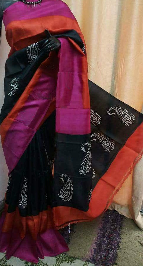 Black Purple Pure KK Silk Mark Certified Bishnupuri Silk Sarees - Dailybuyys