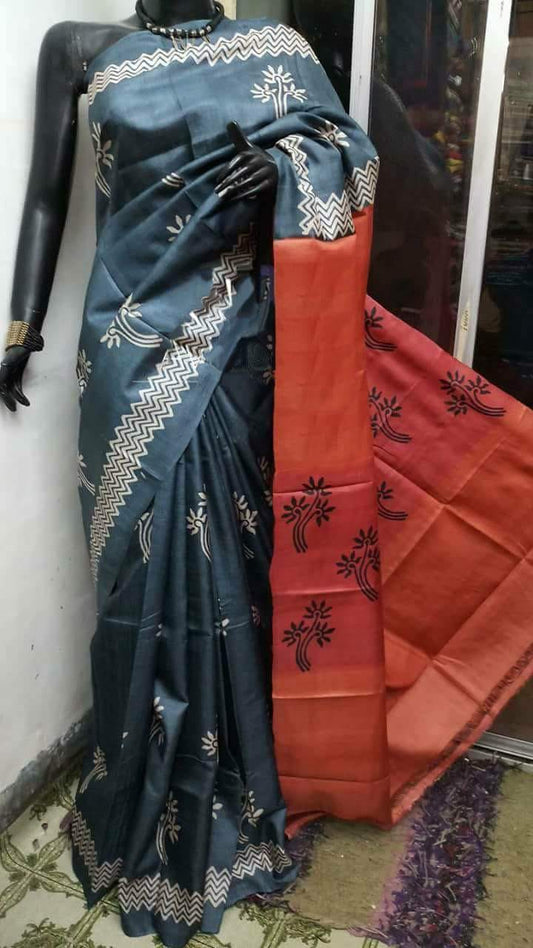 Grey Orange Pure KK Silk Mark Certified Bishnupuri Silk Sarees - Dailybuyys