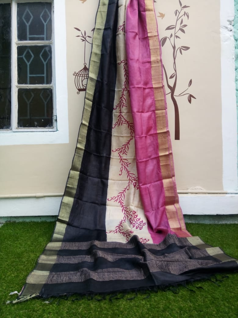 Purple Black  Zari Glamour  Block Printed Zari Border Pure Silk Mark Certified Tussar Silk Sarees - Dailybuyys