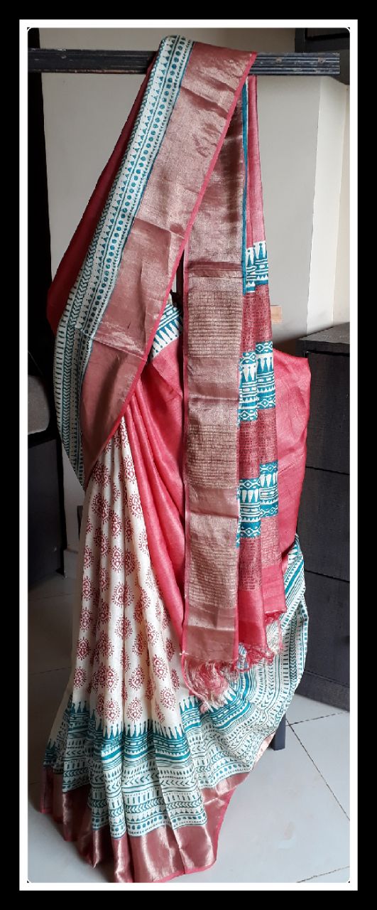 Pink Beige  Zari Glamour  Block Printed Zari Border Pure Silk Mark Certified Tussar Silk Sarees - Dailybuyys