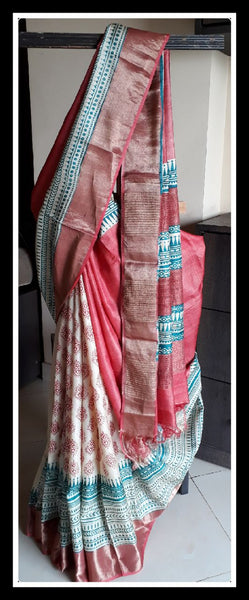 Pink Beige  Zari Glamour  Block Printed Zari Border Pure Silk Mark Certified Tussar Silk Sarees